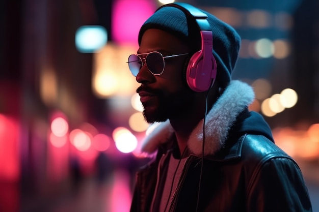 Portrait of handsome man wearing headphones walking through night city street full of neon light smi