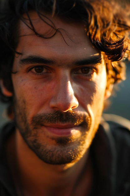 Portrait of a handsome man with a beard and mustache at sunset