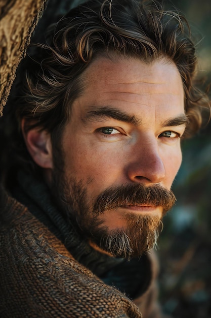 Portrait of a handsome man with a beard and mustache in a warm sweater