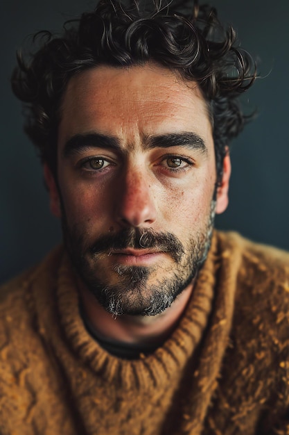 Portrait of a handsome man with a beard in a yellow sweater