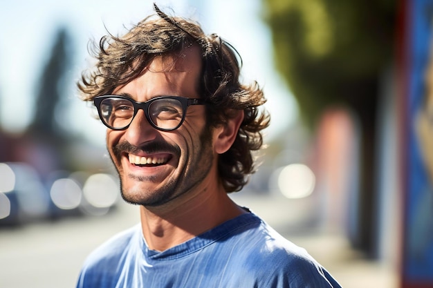 Portrait of a handsome man with glasses smiling in the street