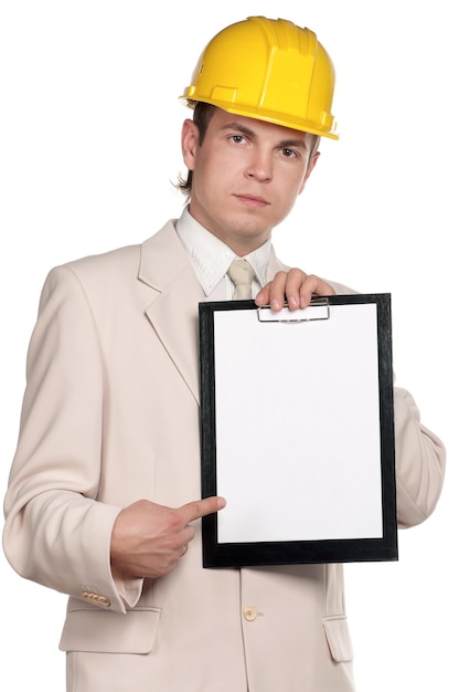 Portrait of handsome man with hard hat on white background