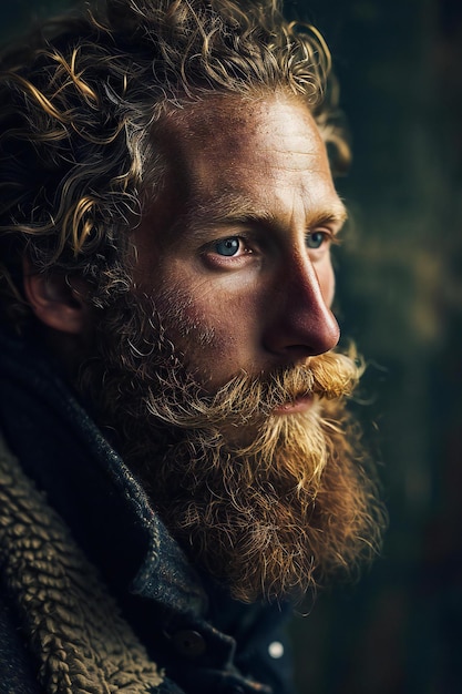 Portrait of a handsome man with long curly hair and beard