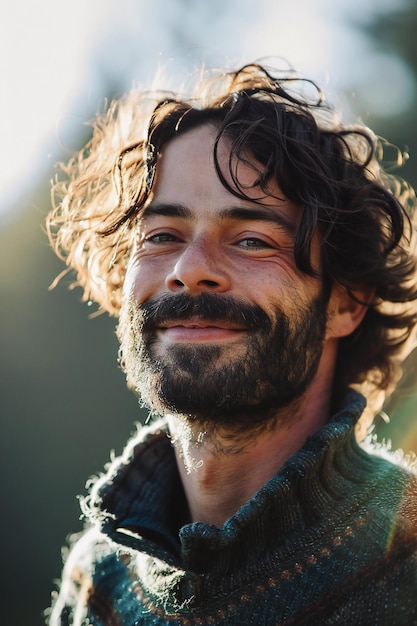 Portrait of a handsome man with long hair and beard in the countryside