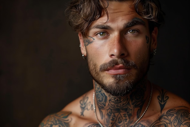 Portrait of a handsome man with tattoos and facial piercing