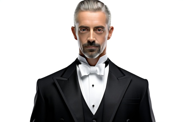 Portrait of a handsome mature man in tuxedo Isolated over white background