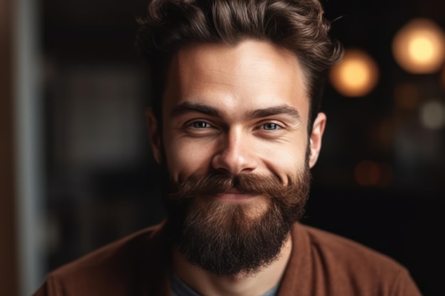 Portrait of handsome smiling bearded man and looking confident at the camera