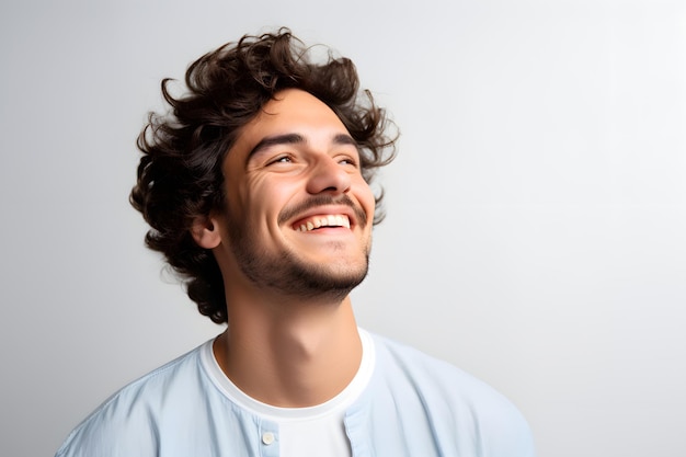 Portrait of handsome smiling young man looking up isolated in transparent PNG Laughing joyful cheer