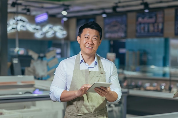 Portrait of a handsome young asian man an employee of a store supermarket standing in an apron