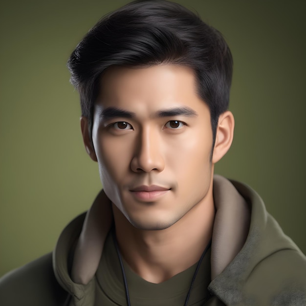 Portrait of a handsome young asian man wearing a green coat