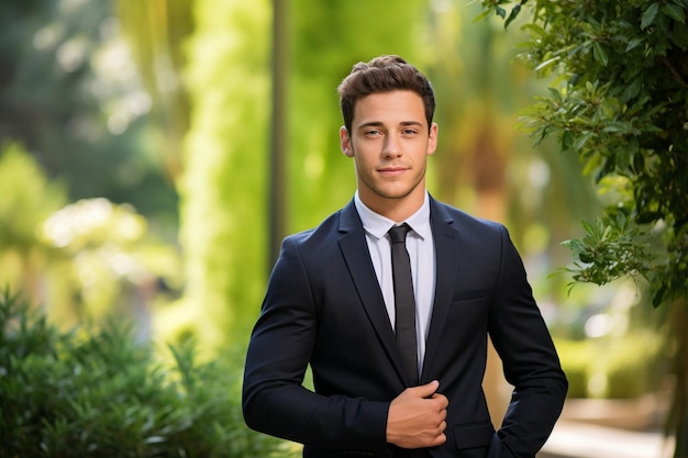 Portrait of a handsome young businessman manager leader standing in a suit near th