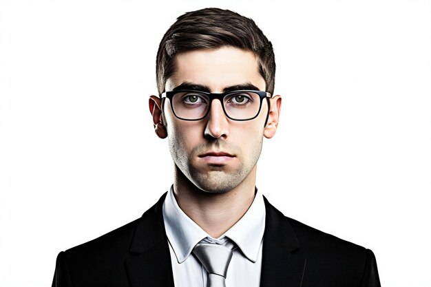 Portrait of a handsome young businessman wearing glasses Isolated over white background