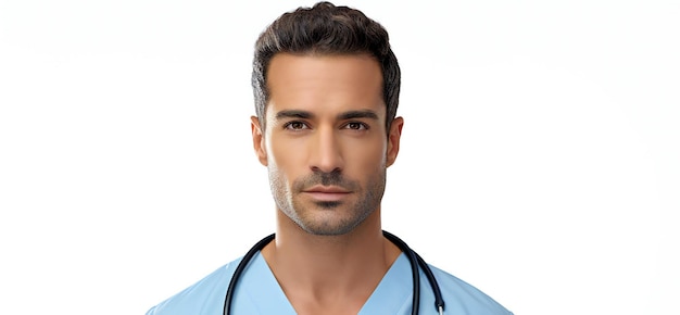 Portrait of handsome young doctor in blue scrubs isolated on white