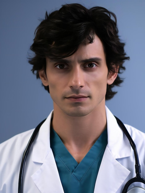 Portrait of a handsome young doctor with stethoscope on blue background