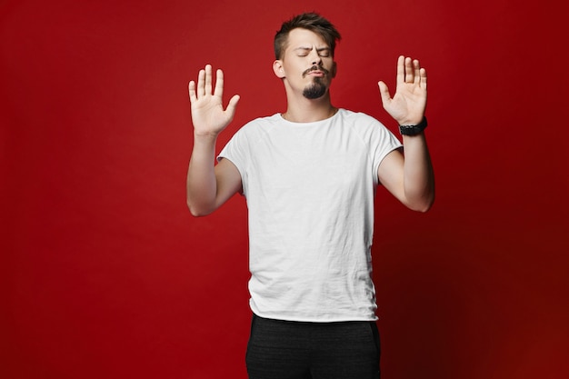 Portrait of handsome young expressive hipster with mustache and beard, wearing in wihite t-shirt, posing