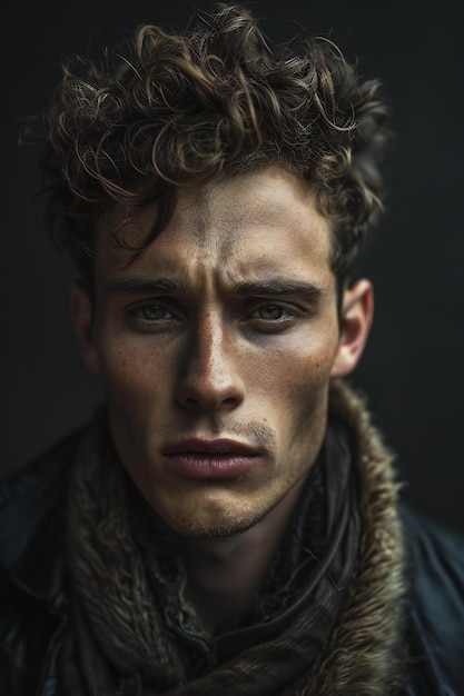 Portrait of a handsome young man in a black coat and scarf