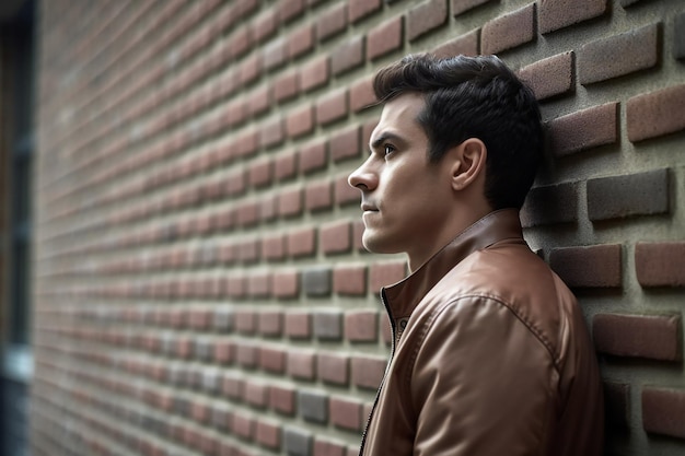 Portrait of a handsome young man in a brown leather jacket against a brick wall