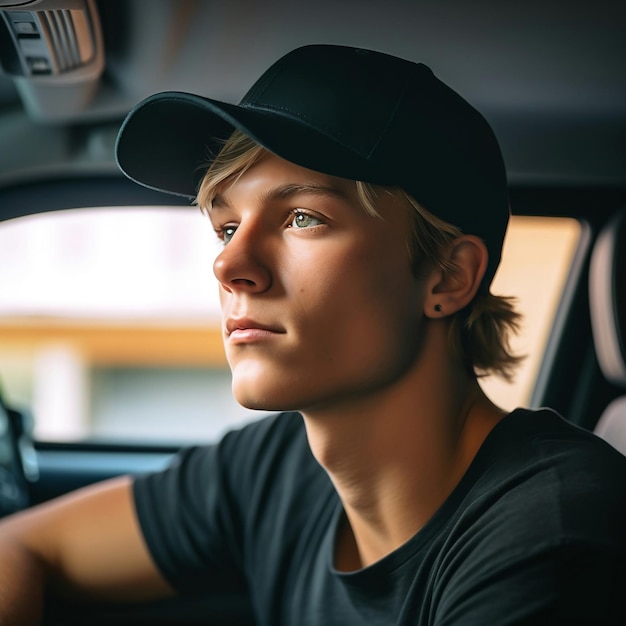 Photo portrait of a handsome young man in a cap sitting in the car