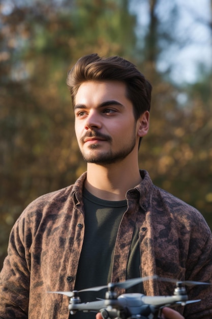 Portrait of a handsome young man flying a drone in the outdoors created with generative ai