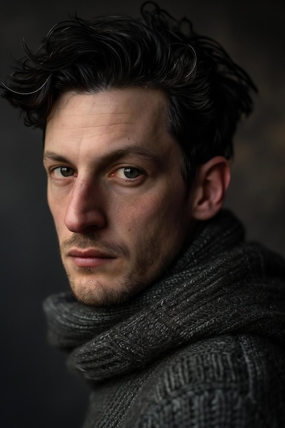 Portrait of a handsome young man in a gray sweater and scarf