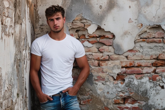 Portrait of a handsome young man in jeans and white t shirt leaning to the old wall