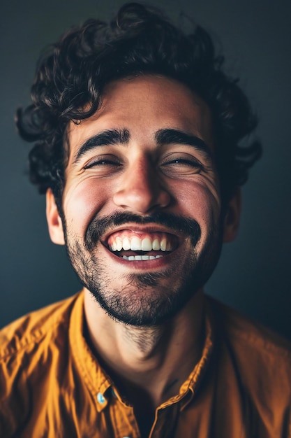 Portrait of a handsome young man laughing on a dark background