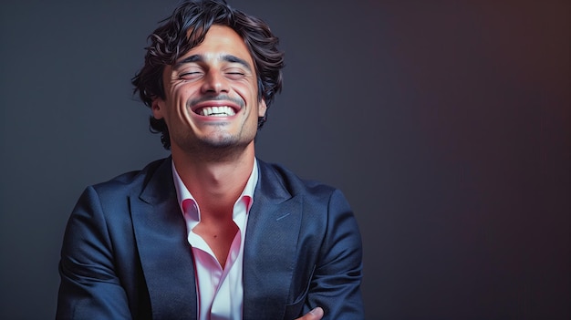 Portrait of a handsome young man laughing and looking at the camera