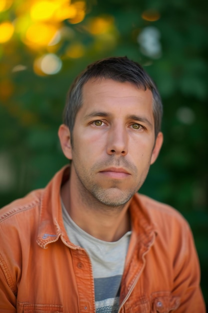 Portrait of a handsome young man in an orange jacket on a green background