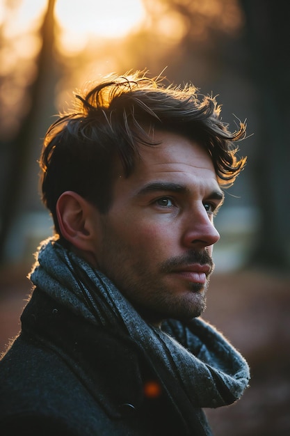 Portrait of a handsome young man outdoor in the park at sunset