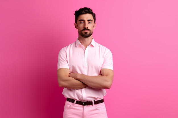 Portrait of a handsome young man in pink shirt standing with arms crossed against pink background