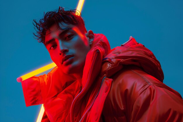 Photo portrait of a handsome young man in a red raincoat