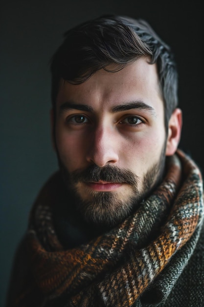 Portrait of a handsome young man in a scarf on a dark background