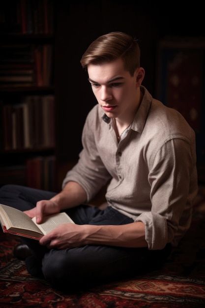 Portrait of a handsome young man seated on the floor and reading created with generative ai