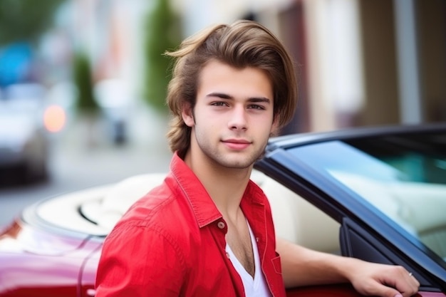 Portrait of a handsome young man standing by his convertible created with generative ai