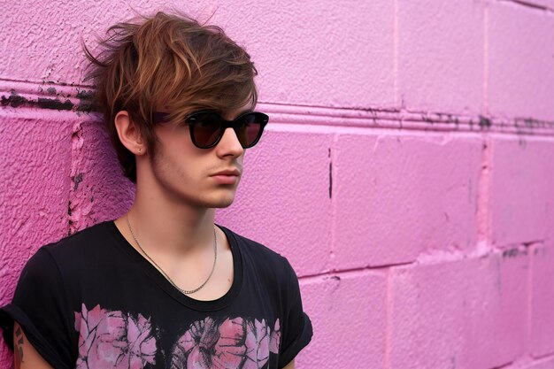 Portrait of a handsome young man in sunglasses standing against pink wall