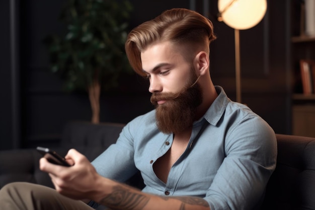 Portrait of a handsome young man using his phone while sitting on the sofa at home