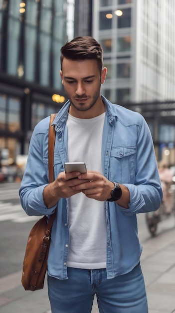 Portrait of a Handsome Young Man Wearing Casual Clothes and Using Smartphone on the Urban Street