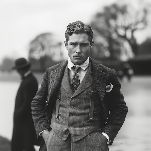 Photo portrait of handsome young man wearing suit outdoors black and white