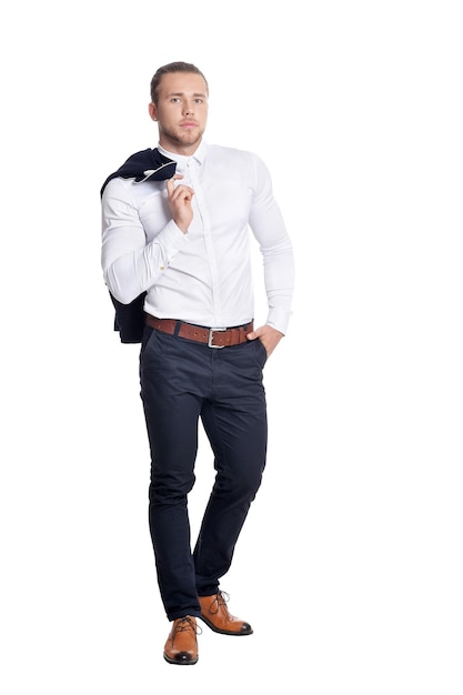 Portrait of handsome young man on white background