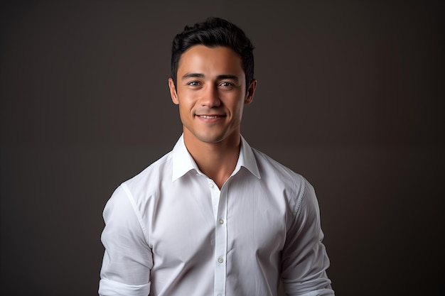 Portrait of a handsome young man in white shirt on dark background