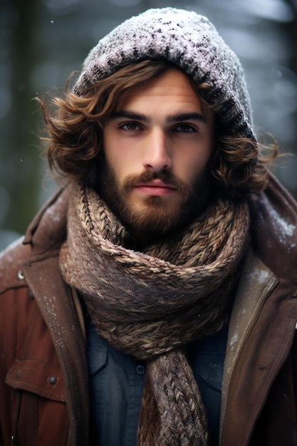 Portrait of a handsome young man in winter clothes Men's beauty fashion