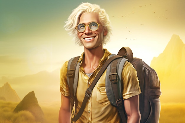 Portrait of a handsome young man with backpack standing on a mountain background