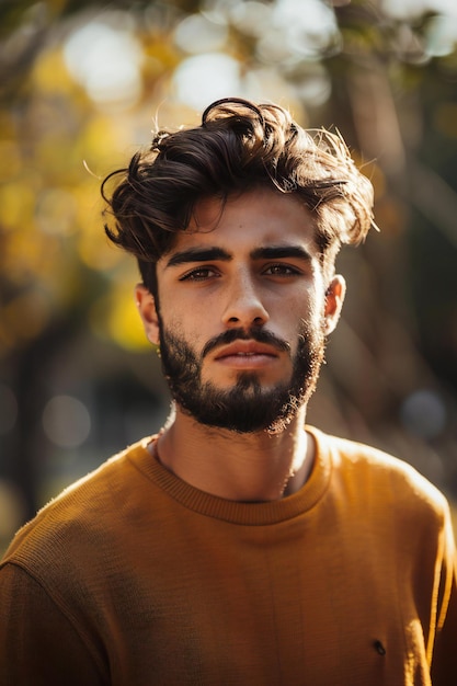 Portrait of a handsome young man with beard in autumn park