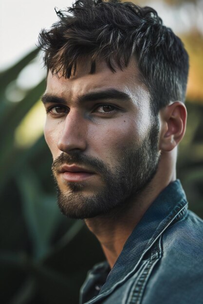 Portrait of a handsome young man with a beard in a denim jacket