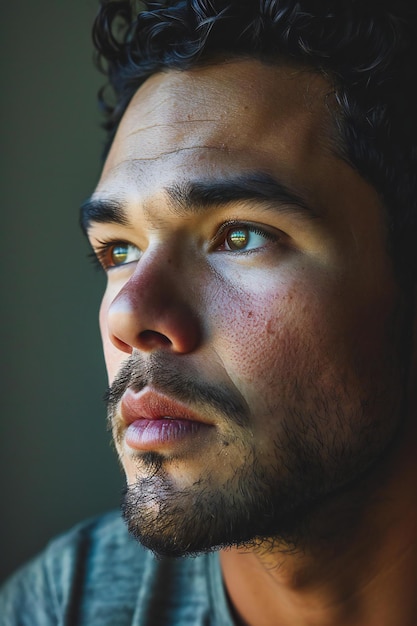 Portrait of a handsome young man with beard and mustache looking away