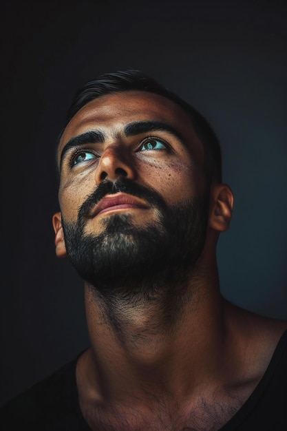 Portrait of a handsome young man with beard and mustache looking up