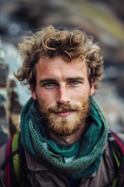 Portrait of a handsome young man with beard and mustache in the mountains