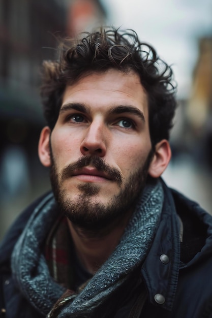 Portrait of a handsome young man with a beard on the street