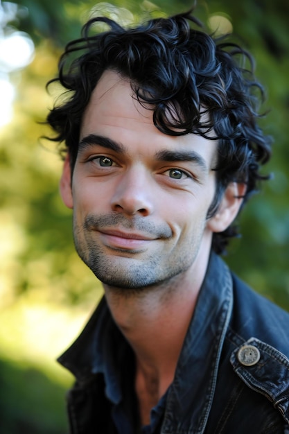 Portrait of a handsome young man with black curly hair smiling