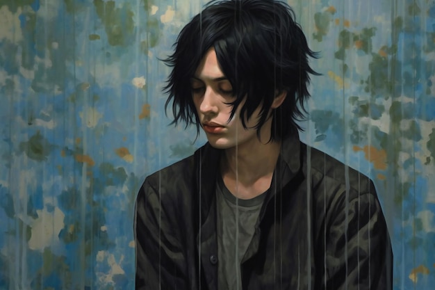 Portrait of a handsome young man with black hair in a raincoat